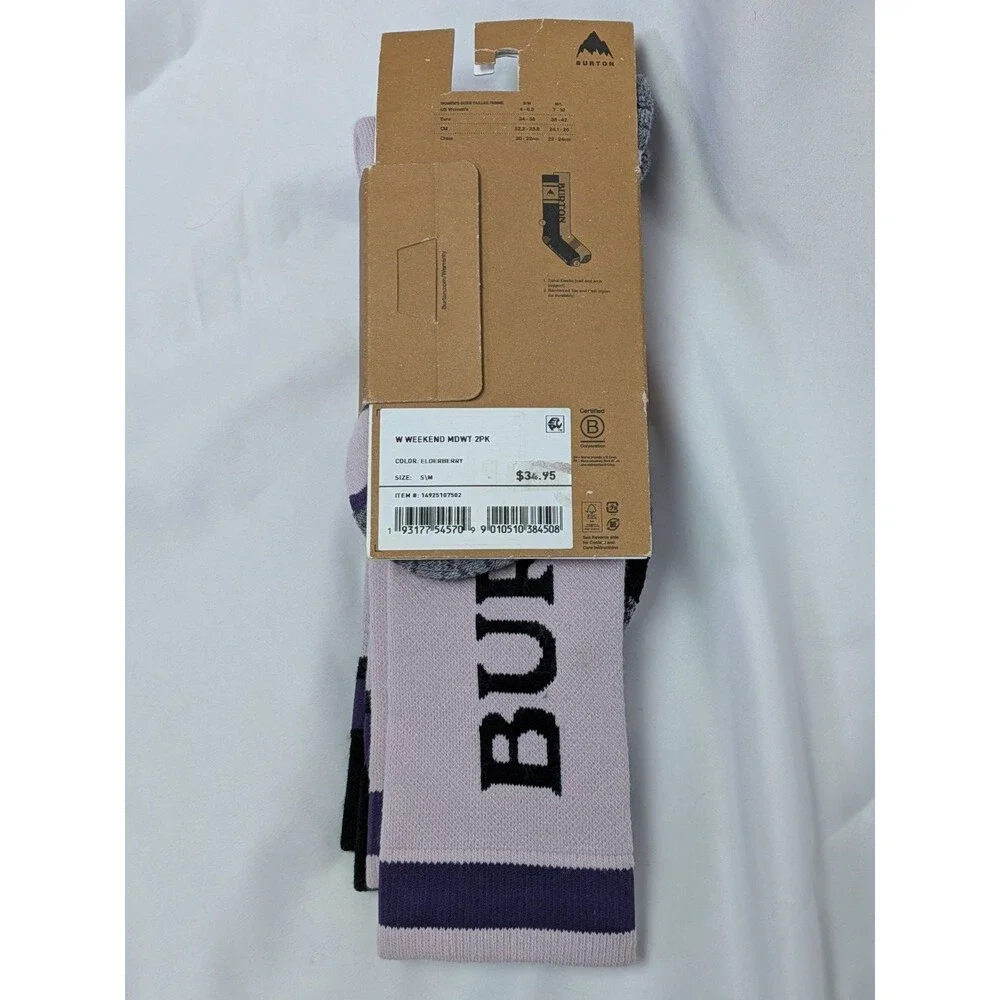 Burton 2 Pack Weekend Midweight Snowboard Ski Socks Elderberry Womens S/M 4-6.5